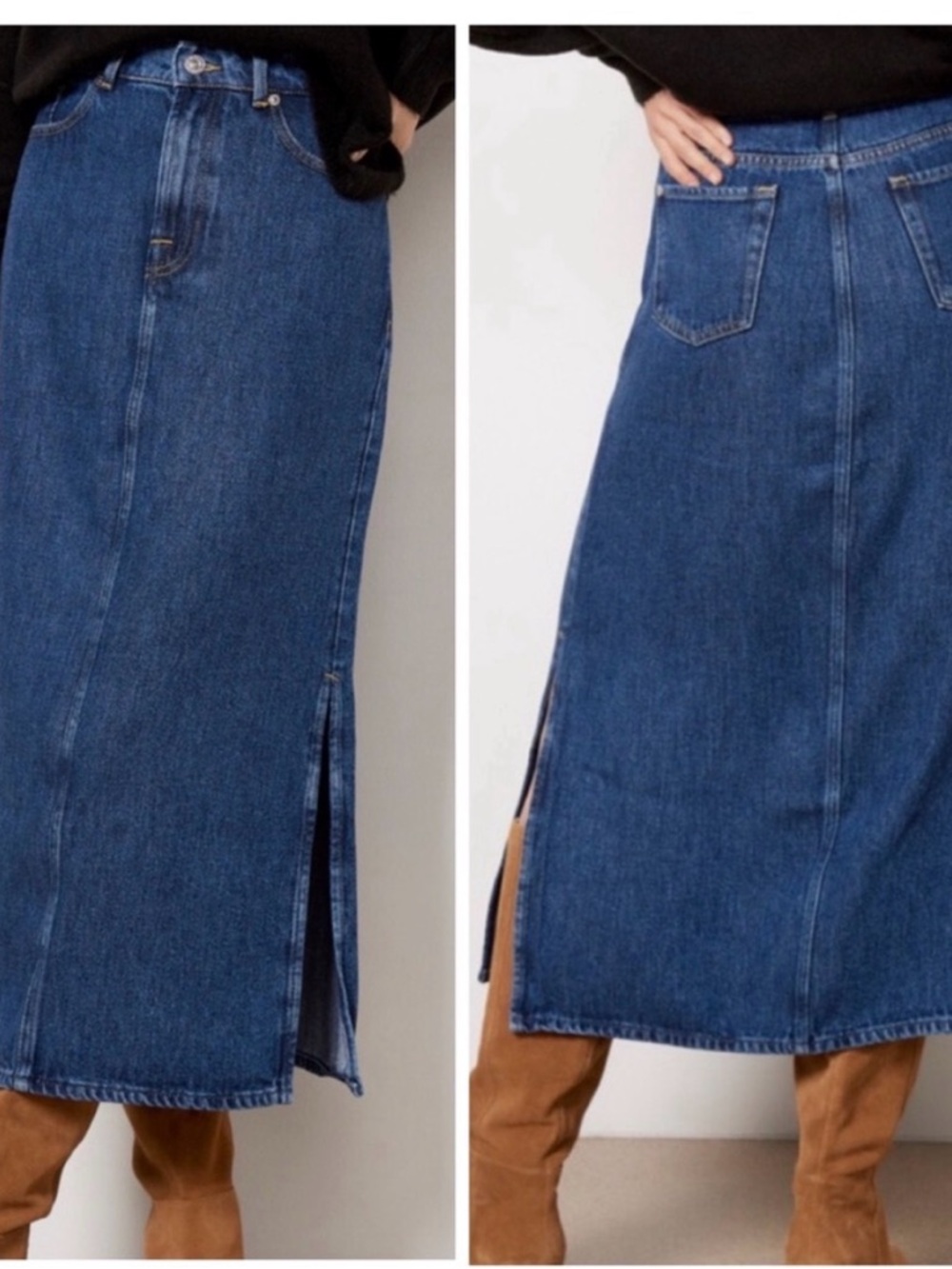 7 For All Mankind Dark Blue Denim Midi Skirt with Side Slits